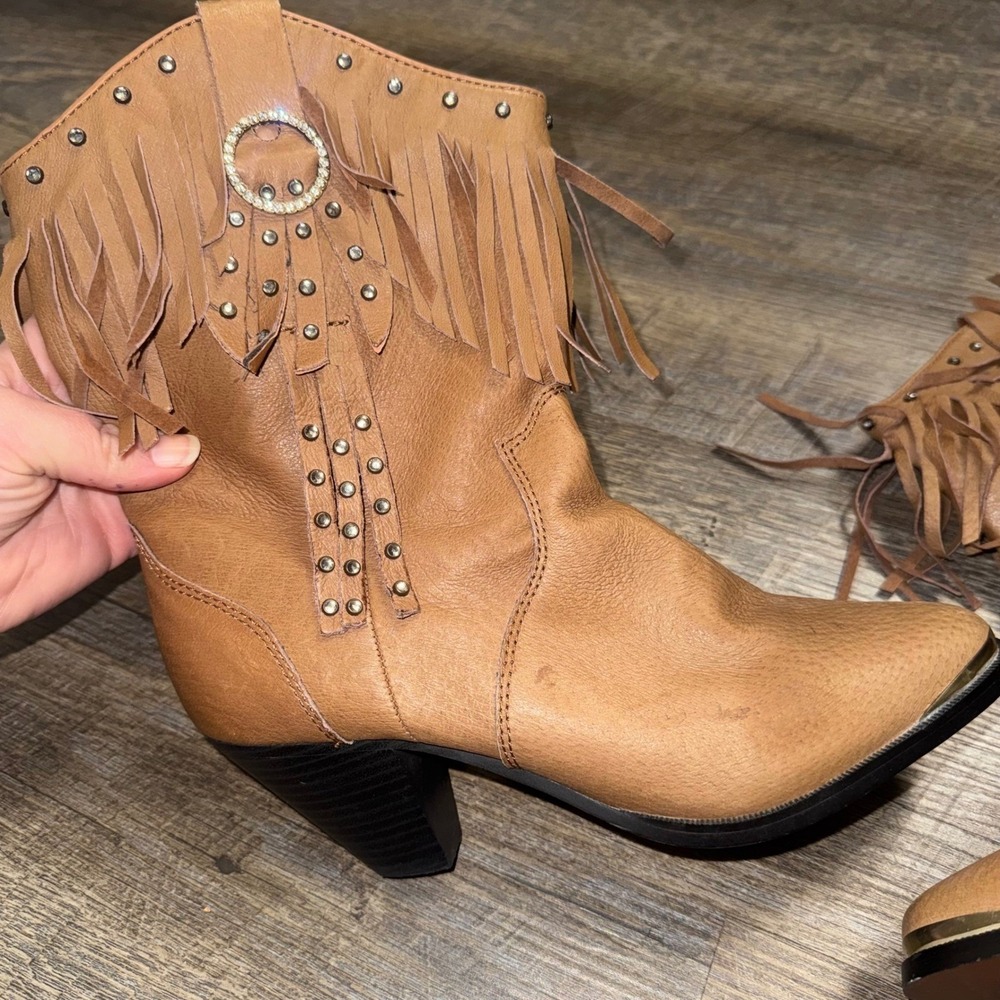 Santa Fe Boot Co Tan Leather Fringe Studded Western Ankle Boots Women 8M SFW502 - Picture 9 of 11